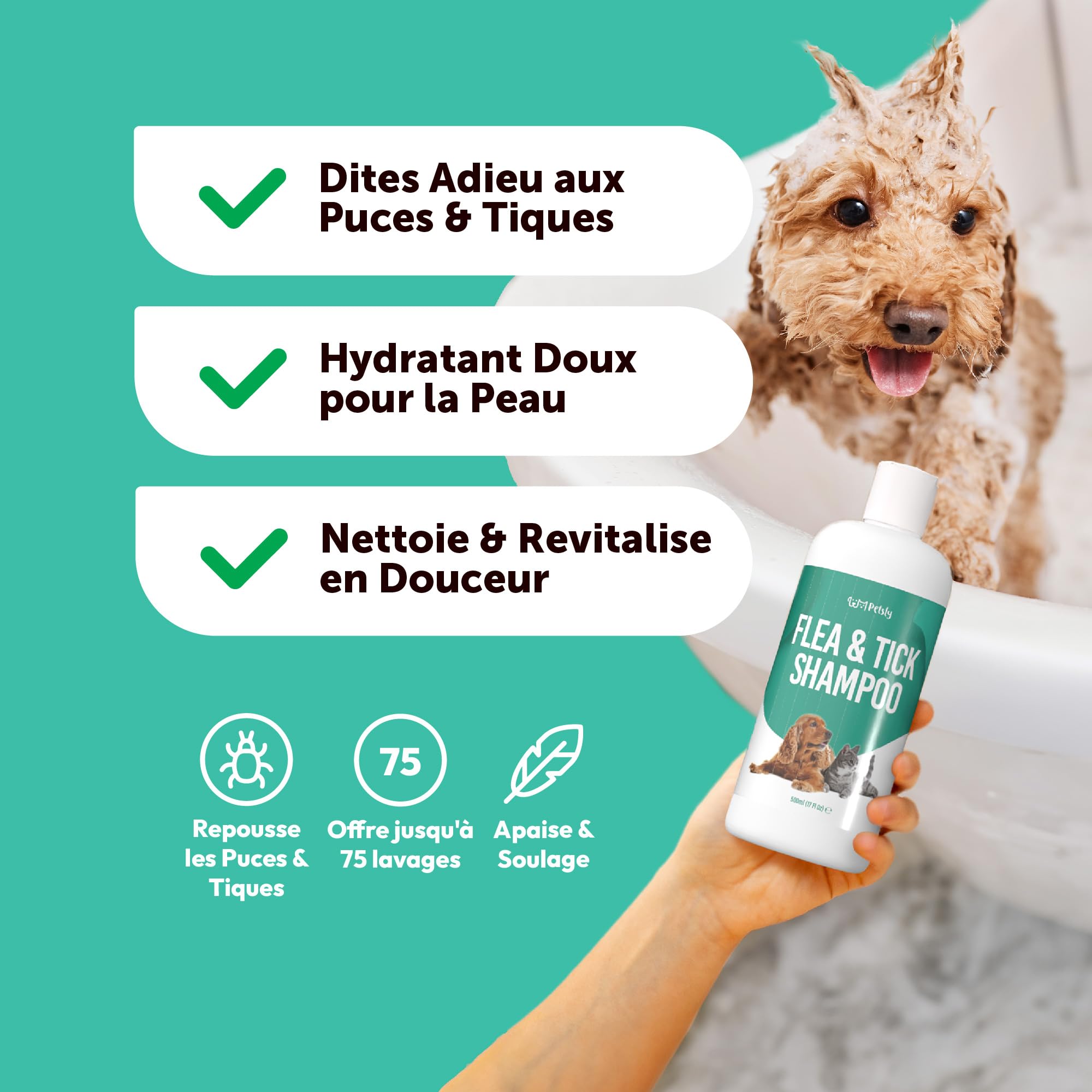 Petsly® Shampoing Anti Puces Chien Chat Chevaux -500ml- Élimine Puces & Tiques - pH Équilibré Peau Sensible, Nettoie, Apaise & Protège - Aloe Vera, Géraniol, Thé Vert, Camomile - Fabriqué en Allemagne