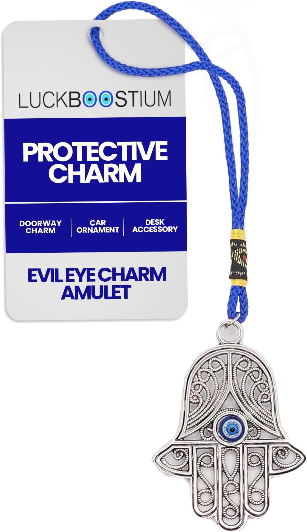 LUCKBOOSTIUM Hamsa Hand Evil Eye Charm - Amulet for Protection, Hanging Ornament, Bag Keychain, Rear View Mirror, Car Accessories for Men & Women, Windows & Doors Decor, Yoga & Meditation Enthusiasts