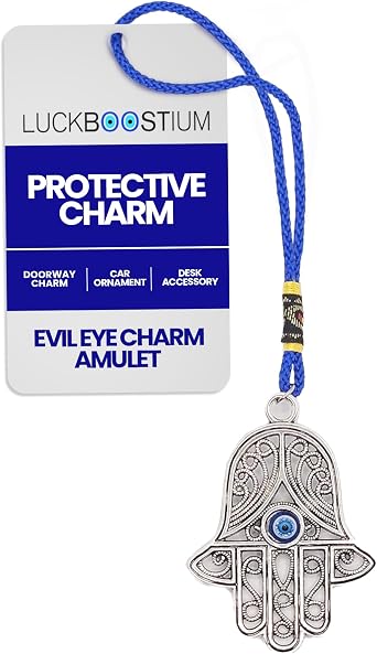 LUCKBOOSTIUM Elegant Silver Hamsa Hand Hanging Ornament - Charm and Sign of Good Luck & Blessing - Home & Office Decorative Accessories - Things to Hang in Your Car Mirror