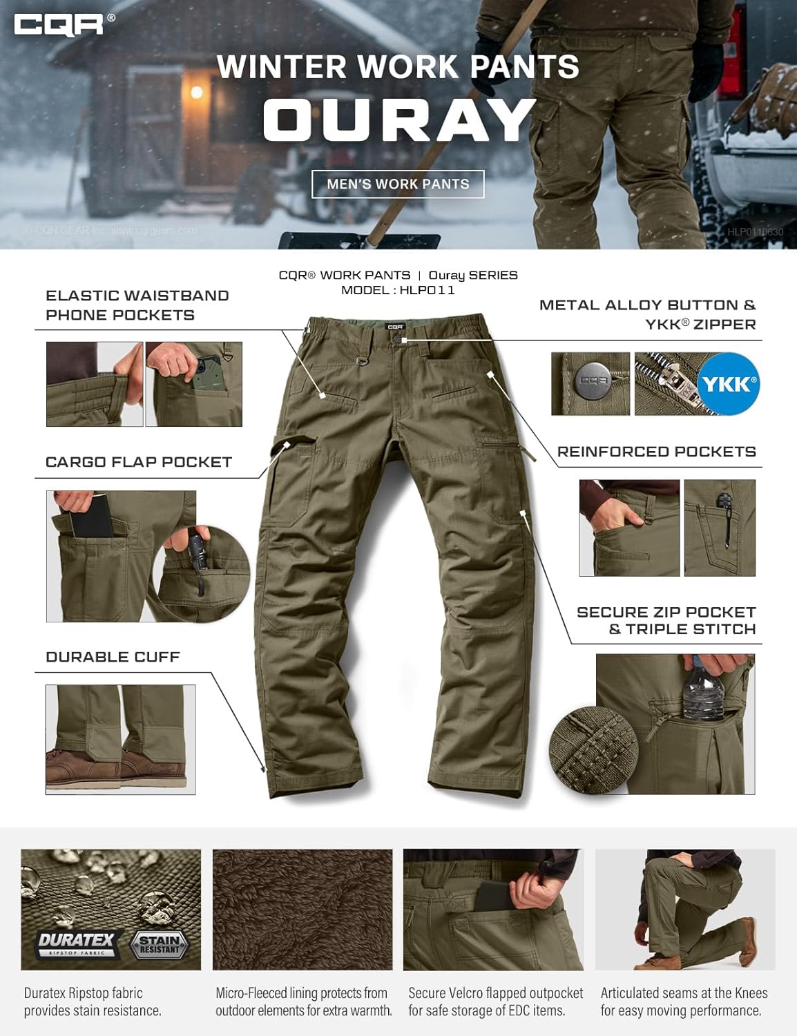 CQR Men's Winter Tactical Cargo Pants, Thermal Fleece Lined Outdoor Snow Ski Hiking Work - Image 9