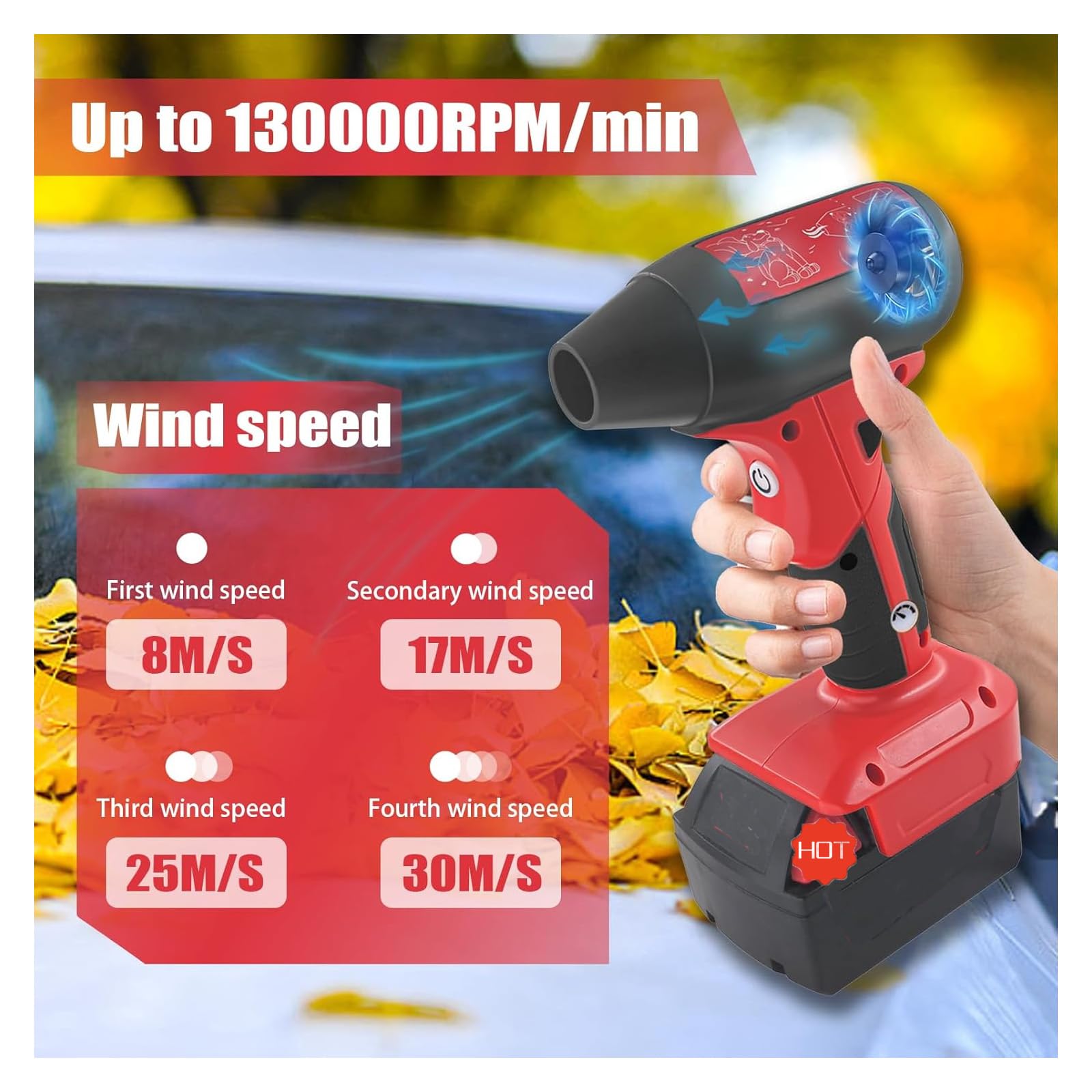 Mini souffleur à jet d'air sans fil 130 000 tr/min compatible avec batteries Milwaukee M18 18 V avec contrôle à 4 vitesses pour le nettoyage de la poussière de voiture, le nettoyage des feuilles de