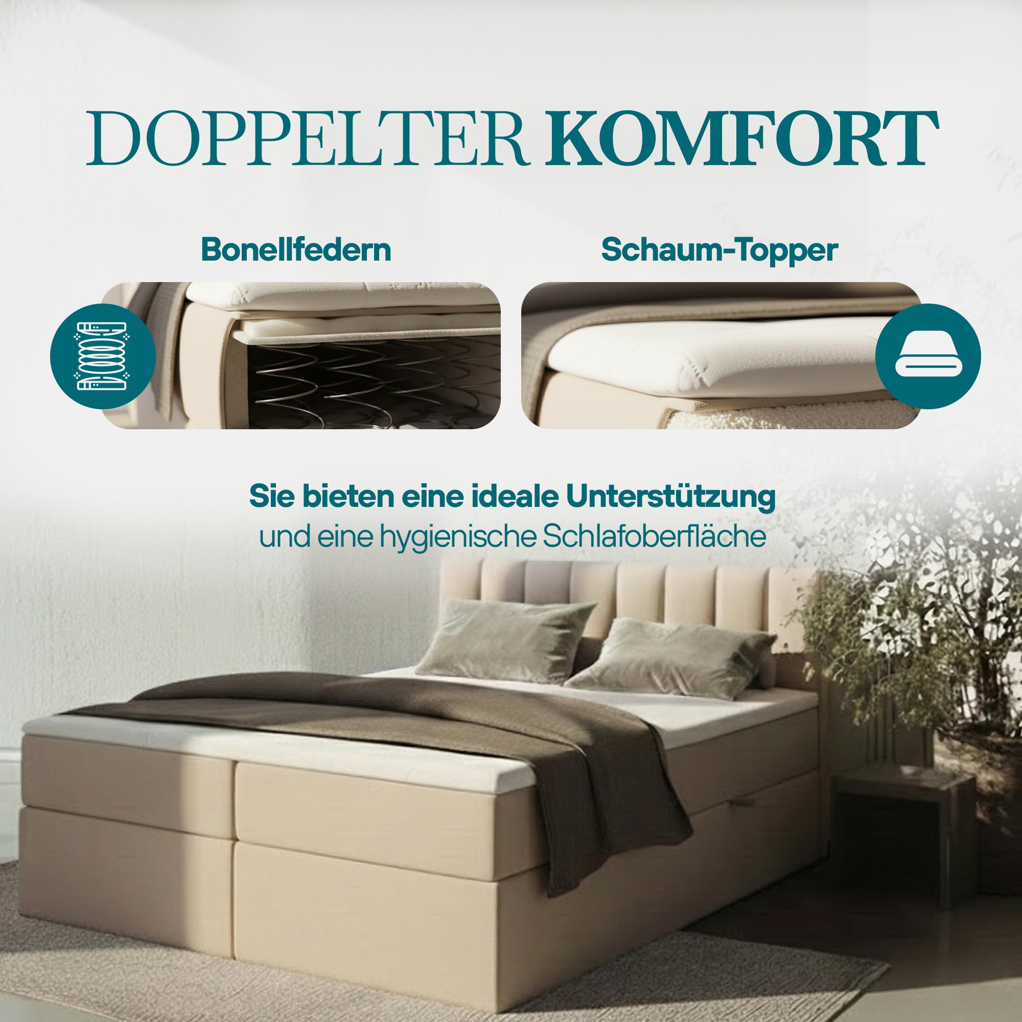 TRADA Boxspringbett mit Bettkästen und Bonell Matratze H3 - Elegant Bett Palermo mit Matratze und Topper - Grau - 200 x 200 cm