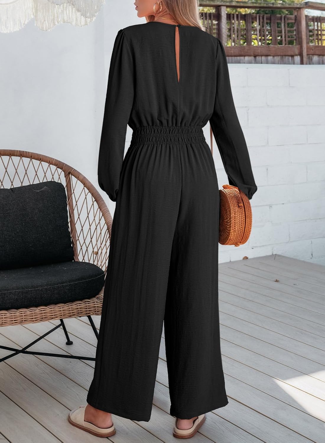 Dokotoo Women's Casual Jumpsuits Loose Long Sleeves Overalls One Piece Button Wide Leg Pant Rompers With Pockets