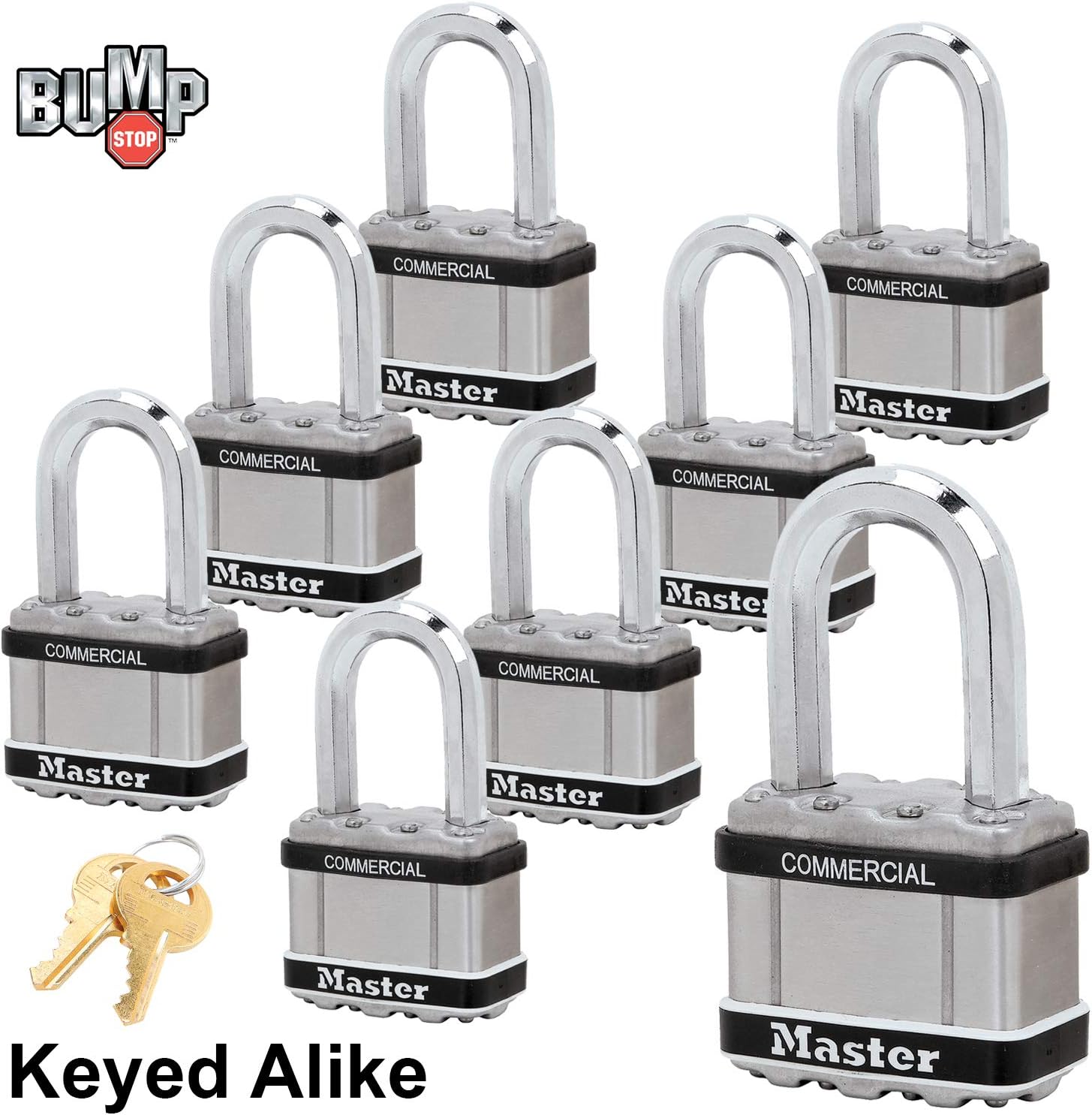 Master Lock Magnum Padlocks - 2" W x 1-1/2"L Shackle, Eight (8) Keyed Alike Locks #M5NKALFSTS-8 w/BumpStop Technology - - 