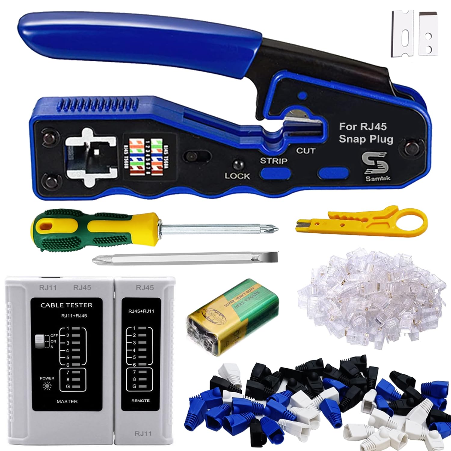 RJ45 Ethernet Pass Through Network Tool Kit, Ethernet Connectors RJ11 Cable Tester Punch Down Tool Set Cable Cutter Stripper Crimper for RJ45 CAT5 Cat6 CAT7 + Screwdriver โ image 1
