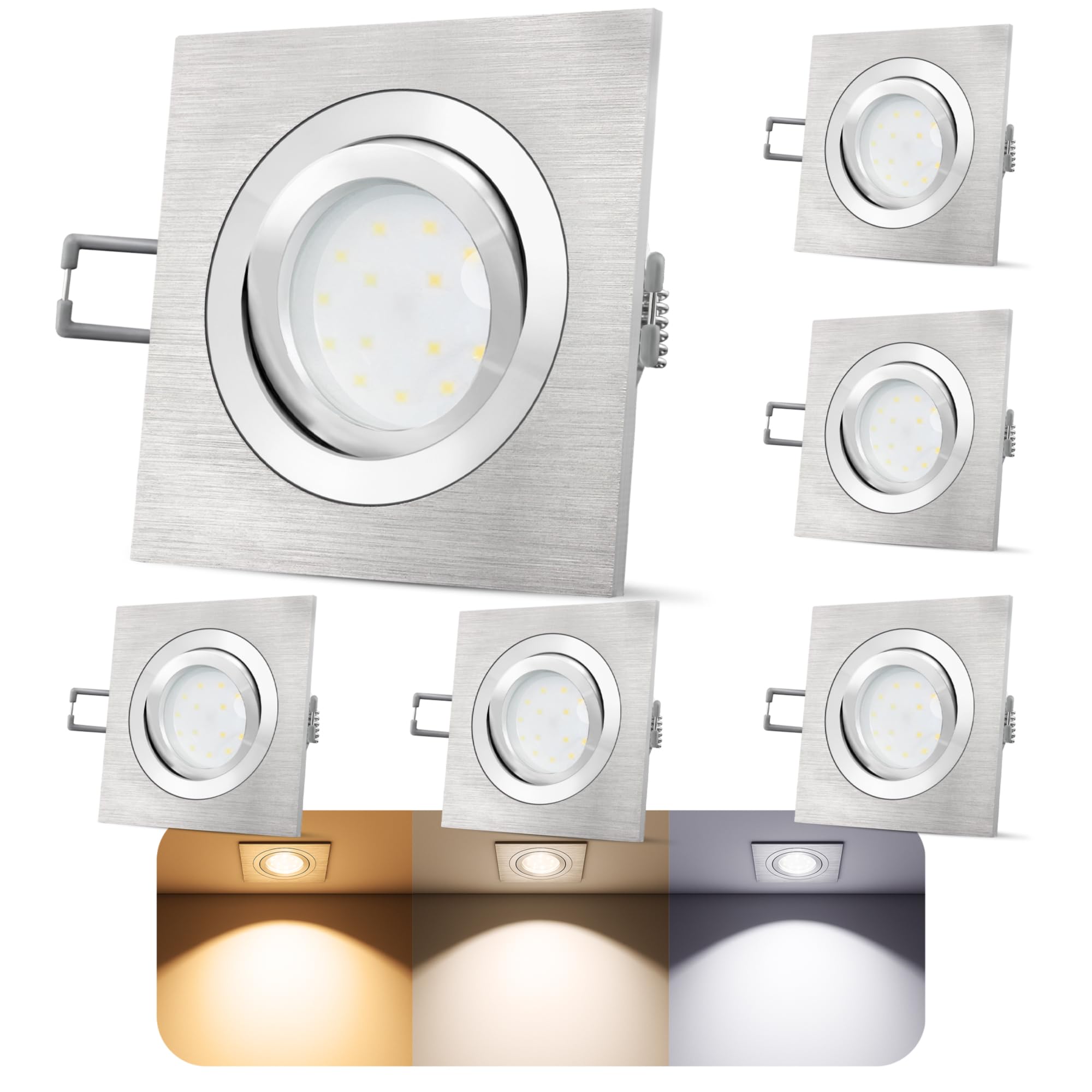 SSC-LUXon 6er Set LED Decken Einbaustrahler flach dimmbar 30mm - 3 Lichtfarben einstellbar - QF-2 eckig Alu gebürstet 230V 6W
