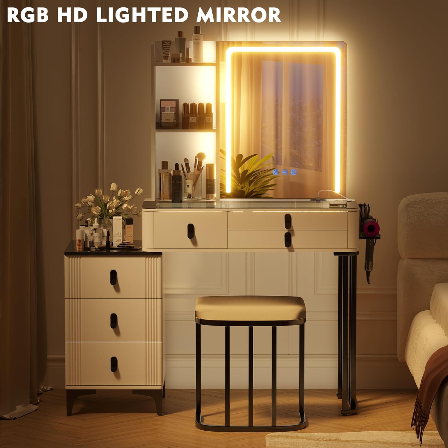 Gurexl RGB Vanity Desk with Wireless Charging Station,Vanity Table with Lights and Mirror,7 Dynamic and 7 Static Dimmable Vanity Set with USB-C,6 Drawer and Cushion Stool (RGB-White)
