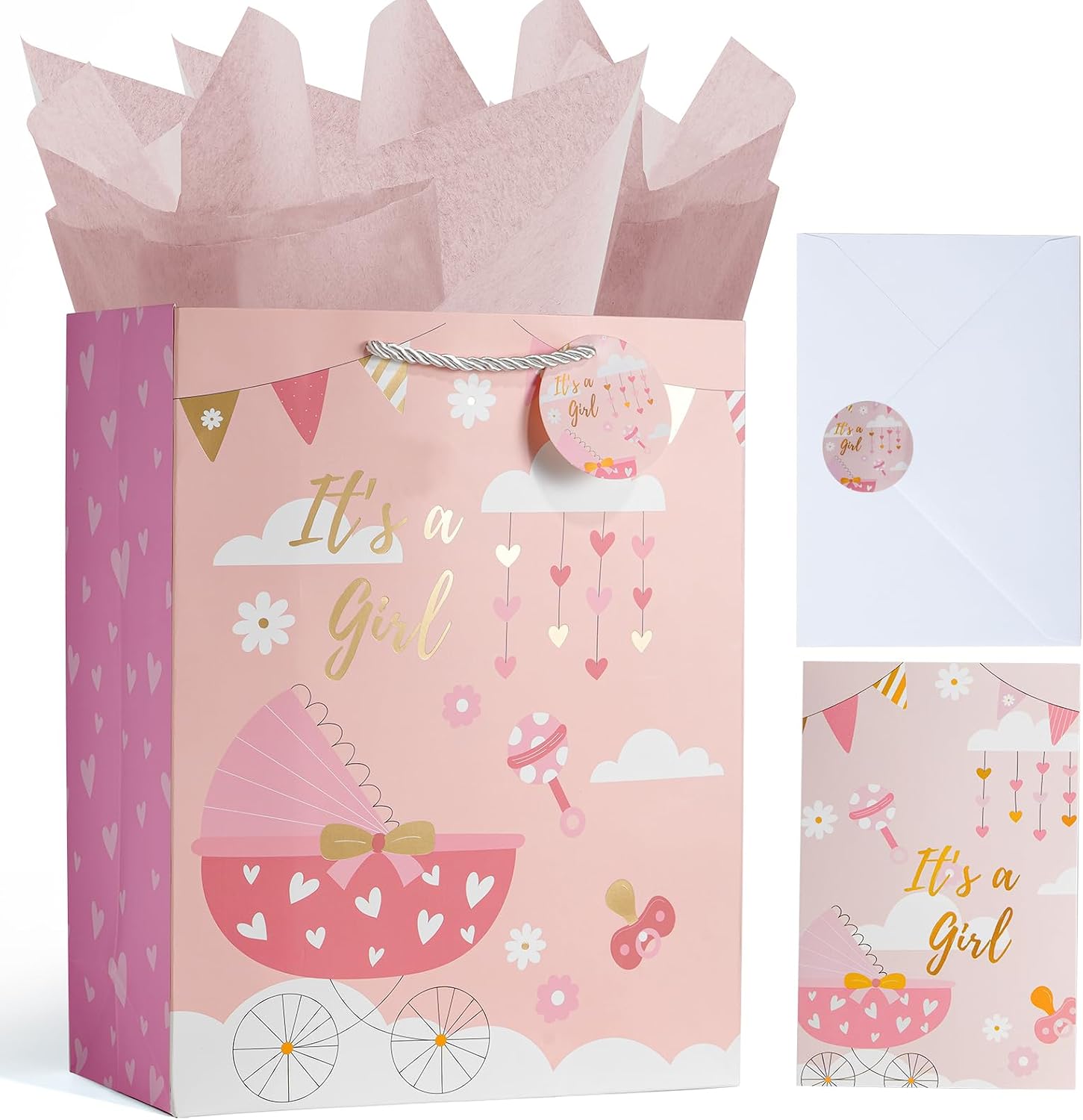Enfoldia 12.6 Inch Large Pink Baby Girl Gift Bag with Handle Greeting Card Tissue Papers and Stickers Its a Girl Gift Bag for Baby Shower New Baby Newborn Parents Gender Reveal Party Favors