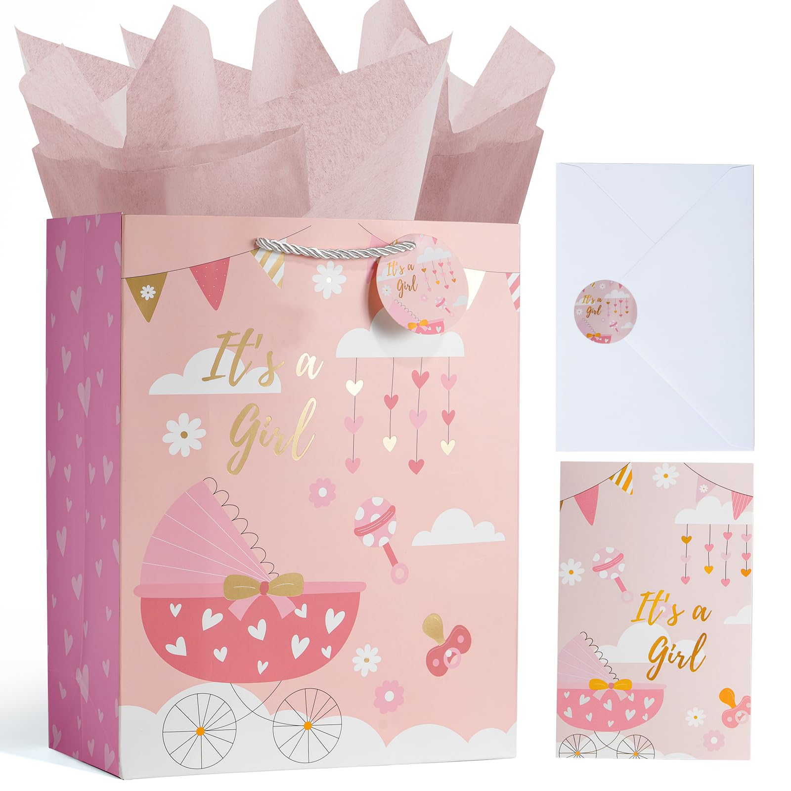 Enfoldia 32cm Large Pink Baby Girl Gift Bag with Handle Greeting Card Tissue Papers and Stickers Its a Girl Gift Bag for Baby Shower New Baby Newborn Parents Gender Reveal Party Favors