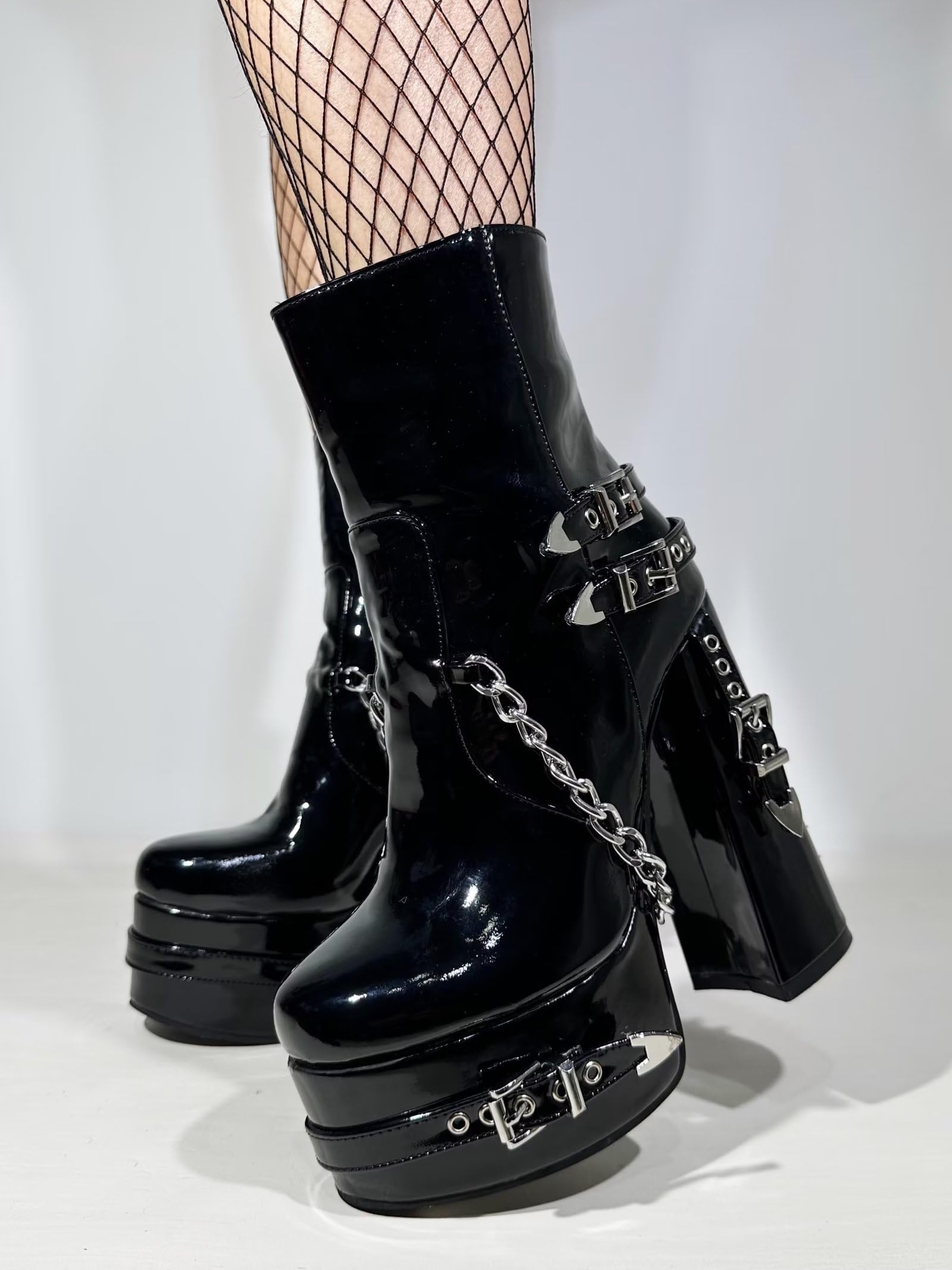 Frankie Hsu Ladies Goth Chunky Block Platform Ankle High Heeled Bootie, Black Patent Silver Chain Rivets Punk Y2K Hot Girl Gothic, Big Large Size Short Boot Shoes For Women Men