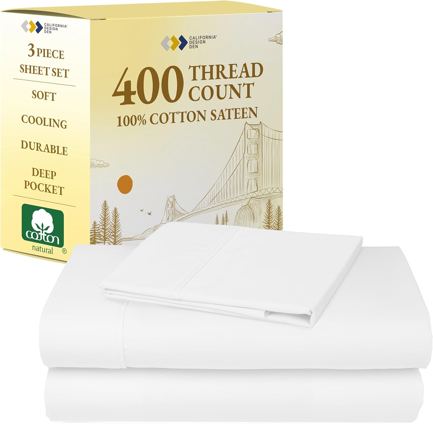 California Design Den Natural 100% Cotton Sheets, Twin Sheets Set, 400 Thread Count Sateen Bedding for Dorm Rooms & Adults, Deep Pockets with All Around Elastic, Cool & Durable - Antique White