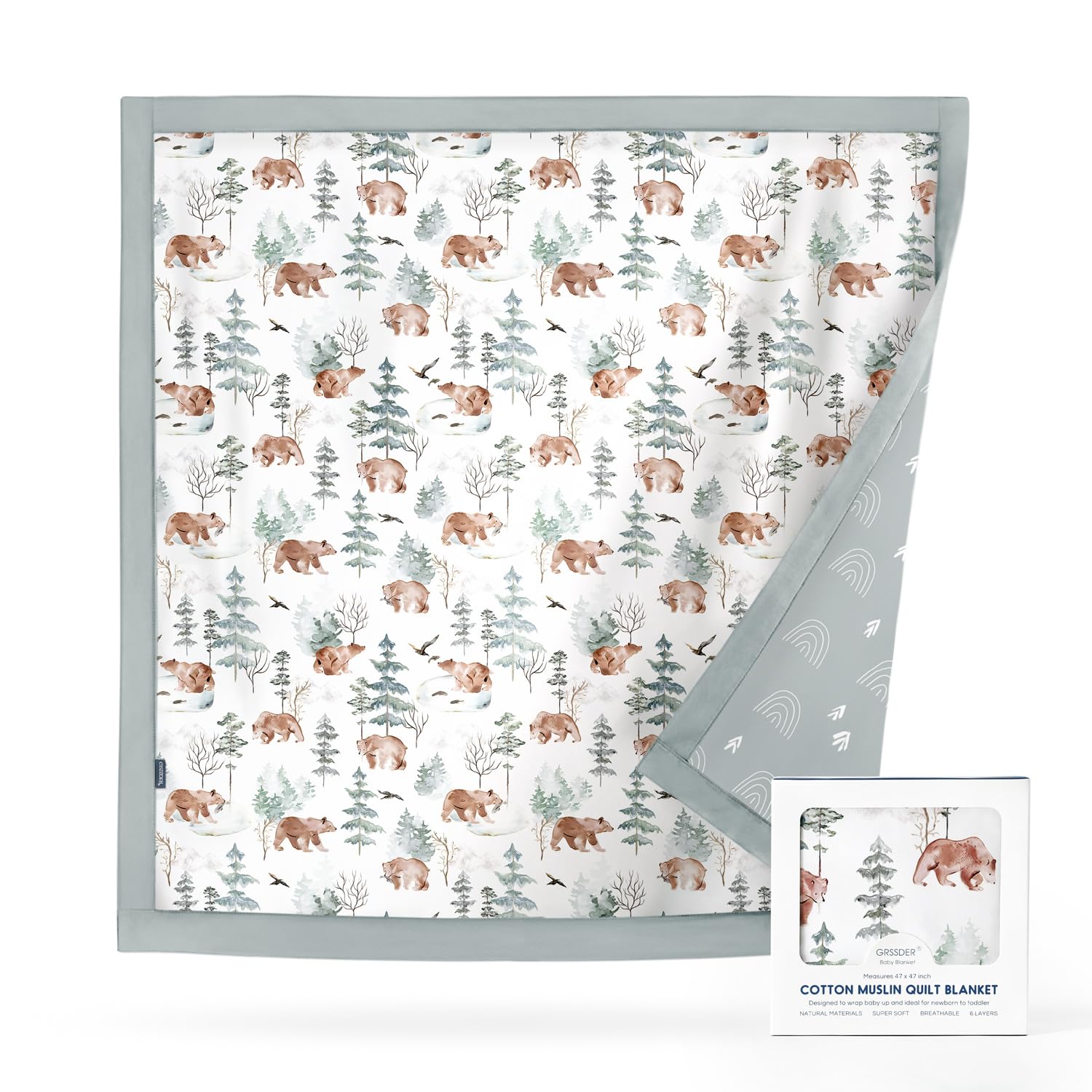 GRSSDER Muslin Cotton Quilt Blanket - Silky Soft and Breathable Baby Blanket Quilt, Oversized Muslin Blankets for Newborns, Toddlers &amp; Kids, 6 Layers Reversible Design for All Seasons, 47" x 47"