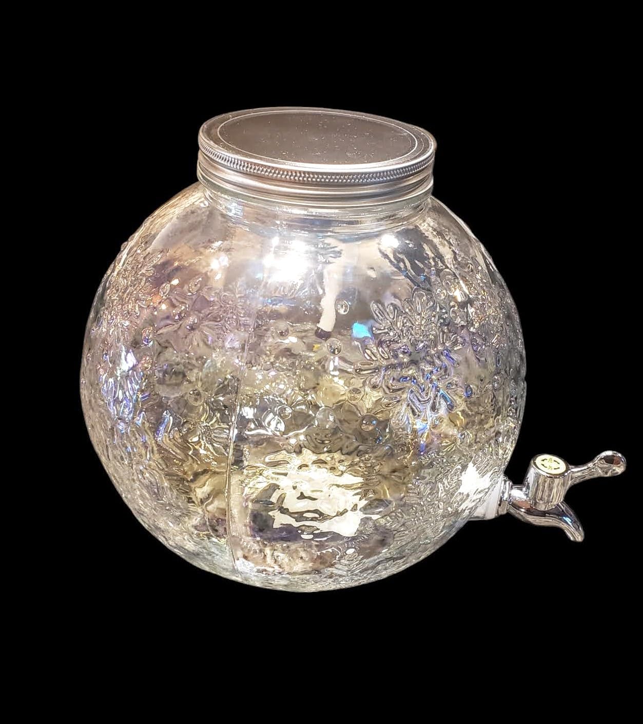 Clear Glass Christmas Winter Snowflake Ornament 1.5 Gallon Beverage Dispenser With Steel Lid and Chrome Plastic Spout 10
