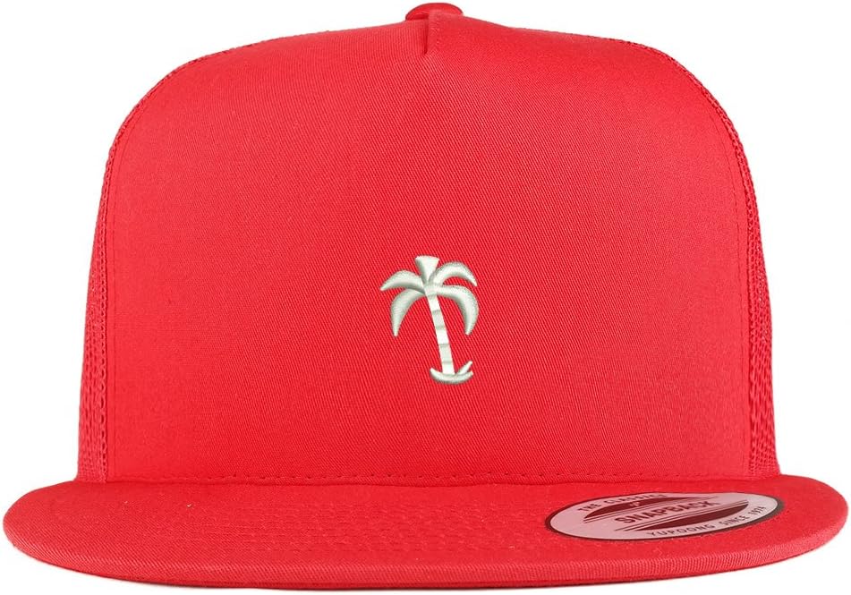 Trendy Apparel Shop Palm Tree Solid White Embroidered 5 Panel Flat Bill Trucker Mesh Back Cap