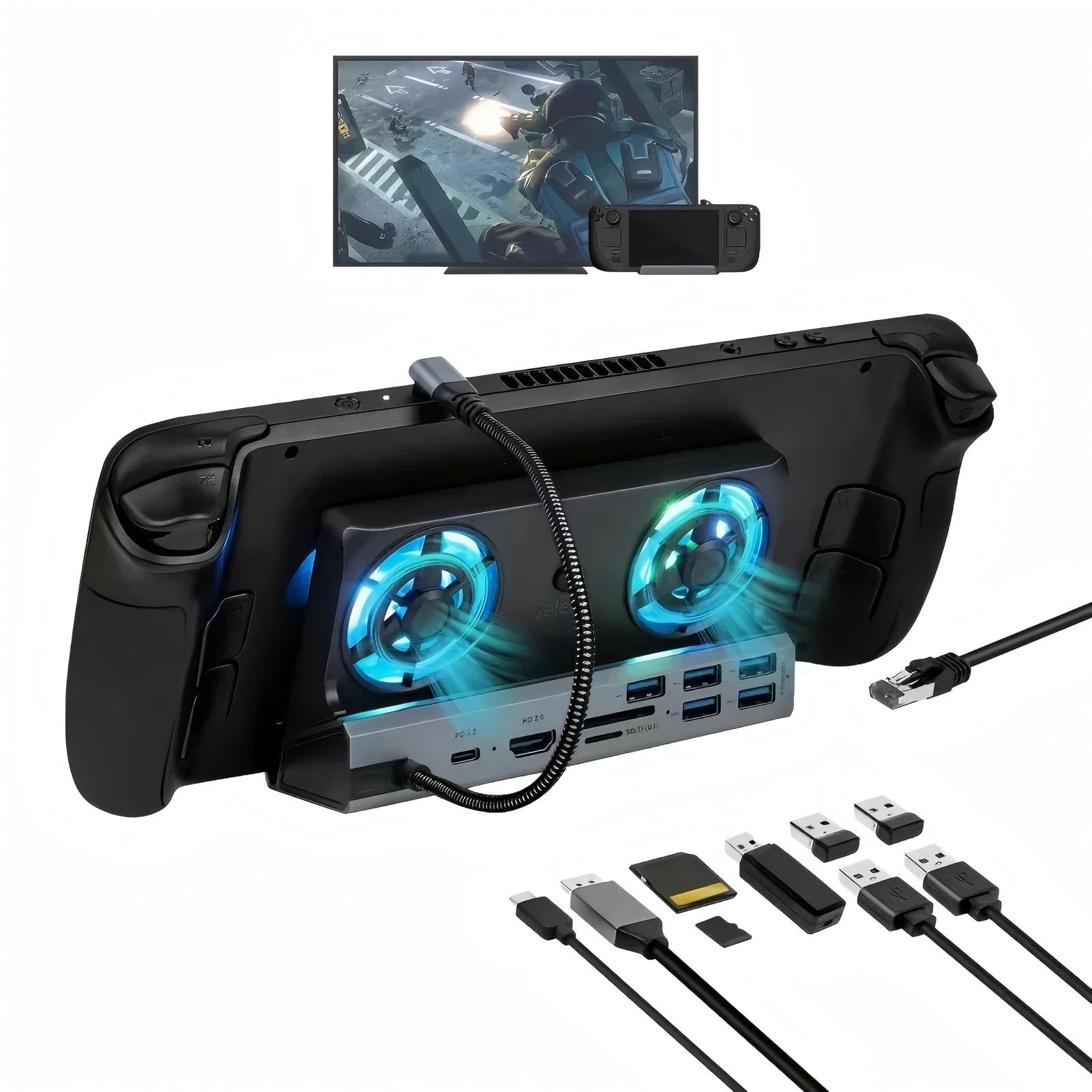 Steam Deck Docking Station Rog Ally Dock 10 in 1 Hub USB C con doppia ventola di raffreddamento Interfaccia multimediale HD 4K 60 Hz Ricarica 100 W per configurazione di