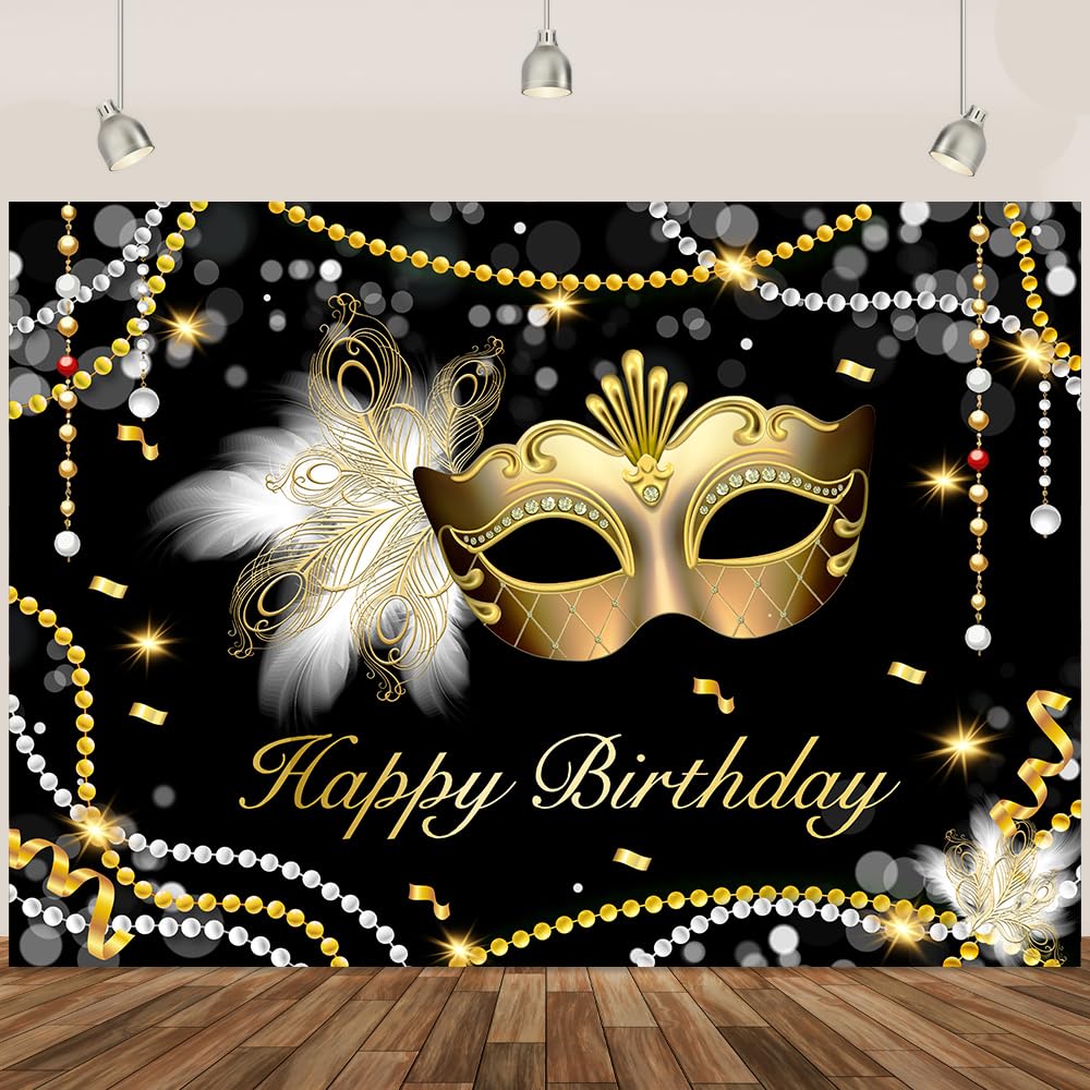 Masquerade Happy Birthday Backdrop Golden Masquerade Backdrop Feather Mask Happy Birthday Banner Mardi Gras Mask Photo Background Decoration 7x5Ft