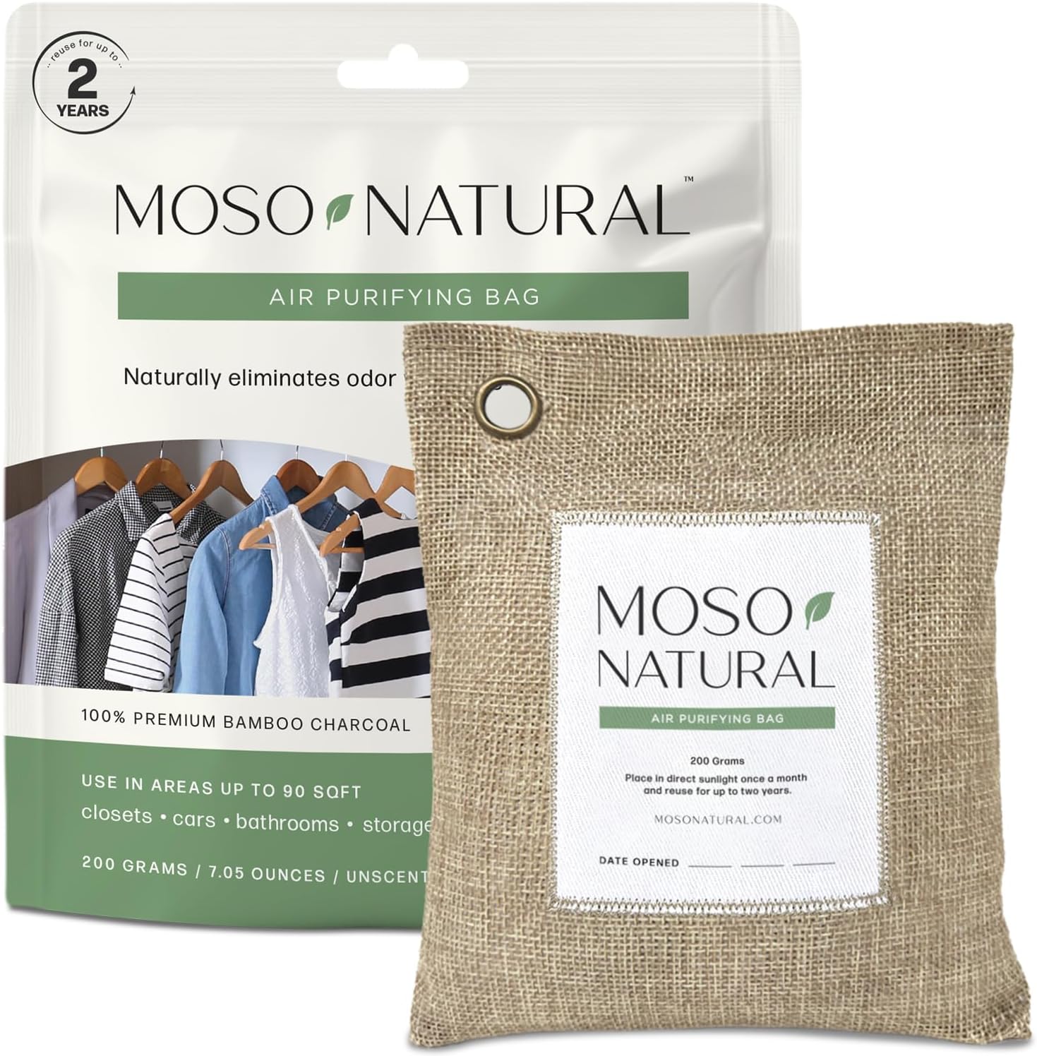 Moso Natural Air Purifying Bag 200g | Premium Bamboo Charcoal Odor Absorber for Home & Car | Closet Odor Eliminator, Small Room Deodorizer & Car Air Freshener | Long Lasting Charcoal Bags (Beige)