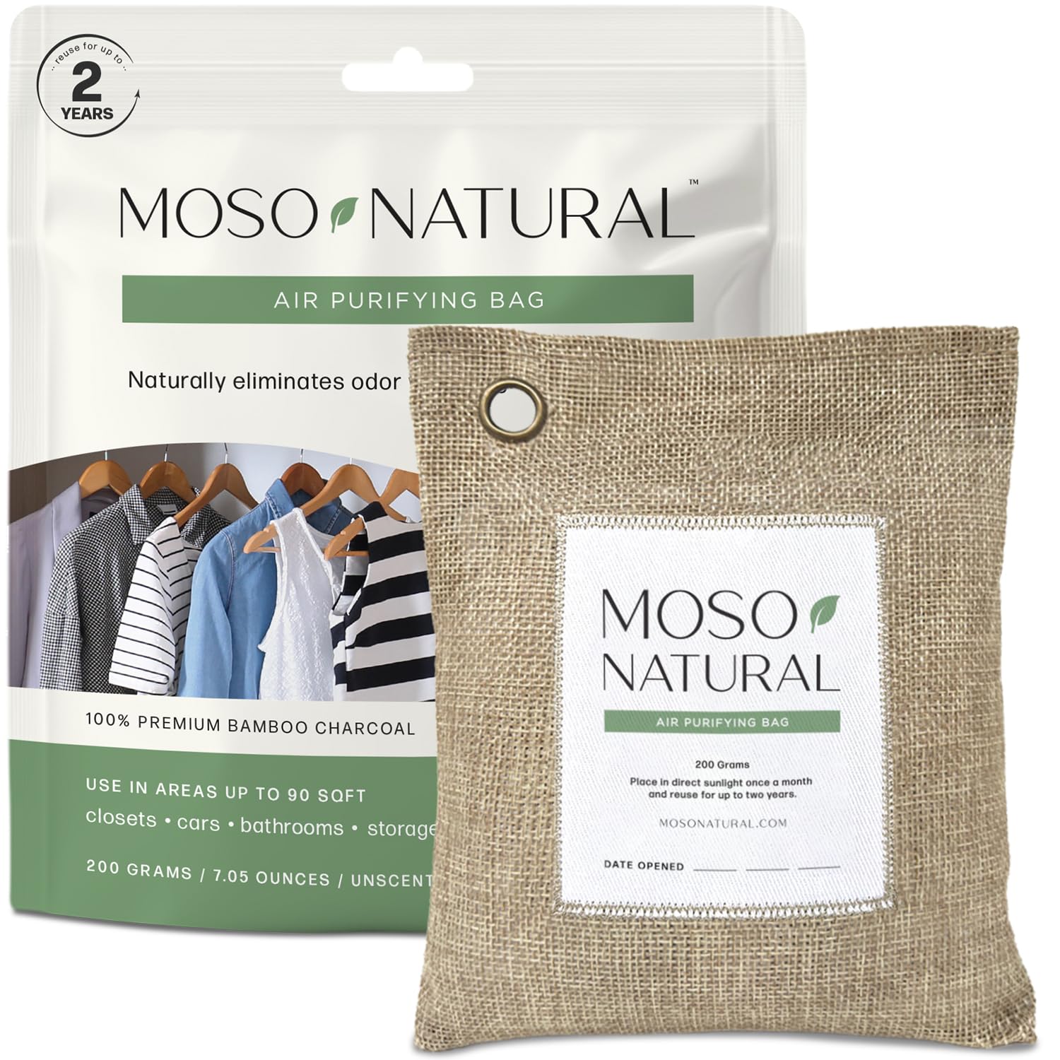 MOSO NATURAL Unscented Air Purifying Granule Bag 200G. Odor Eliminator, Odor Absorber For Cars And Closets. Natural (Beige) Color, Long Lasting Charcoal Bag | Lasts up to 2 years!