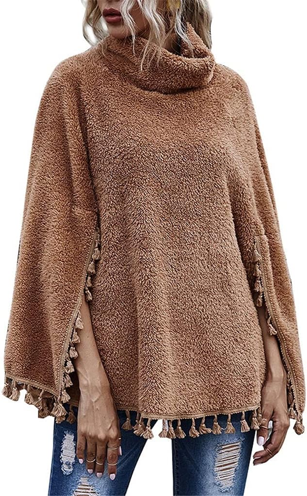 fvjkf Jackets for Women's Solid Color Slim Fashion High Neck Fringed Hem Cloak Long Sleeve Jackets Women (Color : Brown, Size : Mcode)