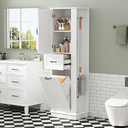 Merax Tall Cabinet Linen Tower with Door and Drawer, Multi-Functional Bathroom Storage Organizer with Laundry Hamper, Left or Right Orientation, Soft-Closing Door, White