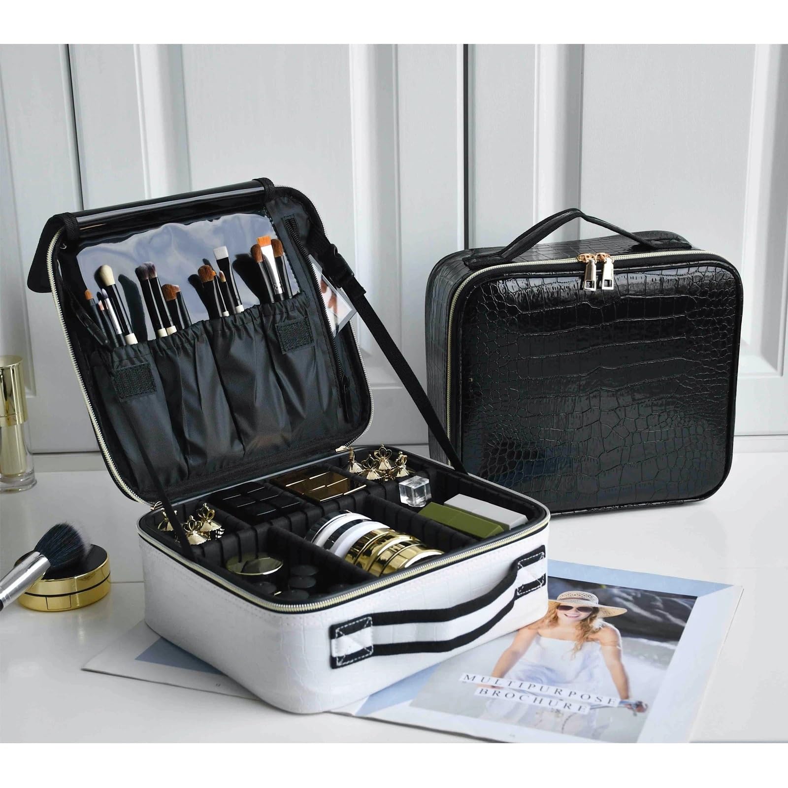 Neceser de Viaje para Mujer Bolsa de cosméticos Cuero PU for Mujer, Estuche Maquillaje portátil Multifuncional for Almacenamiento Viaje(Crocodile Black)