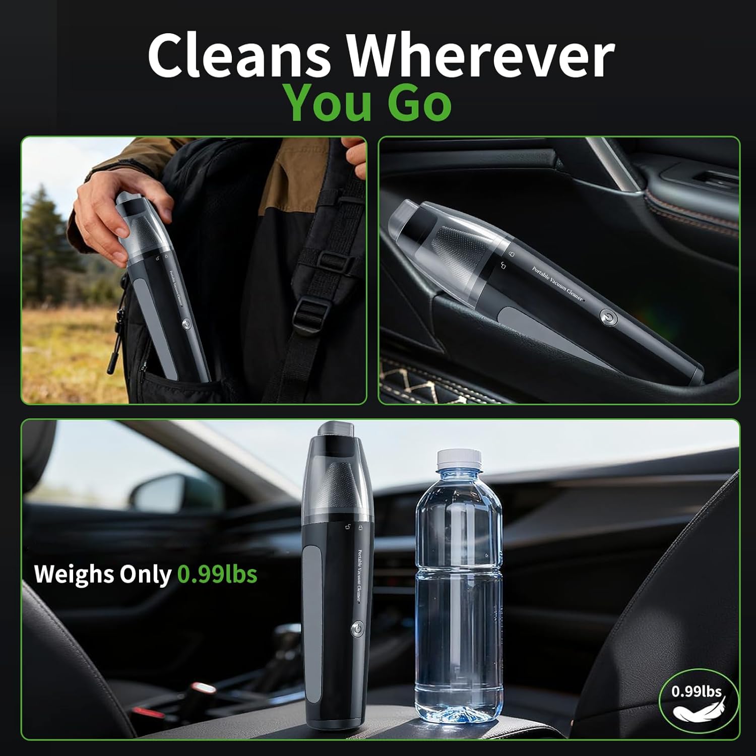 Car Vacuum, Handheld Vacuum Cordless 20000Pa Suction with 2 Suction Modes, 2-in-1 Portable Mini Car Vacuum Cleaner Cordless Vacuum Rechargeable Type-C Charge for Car, Office Desk, Keyboards（Black)