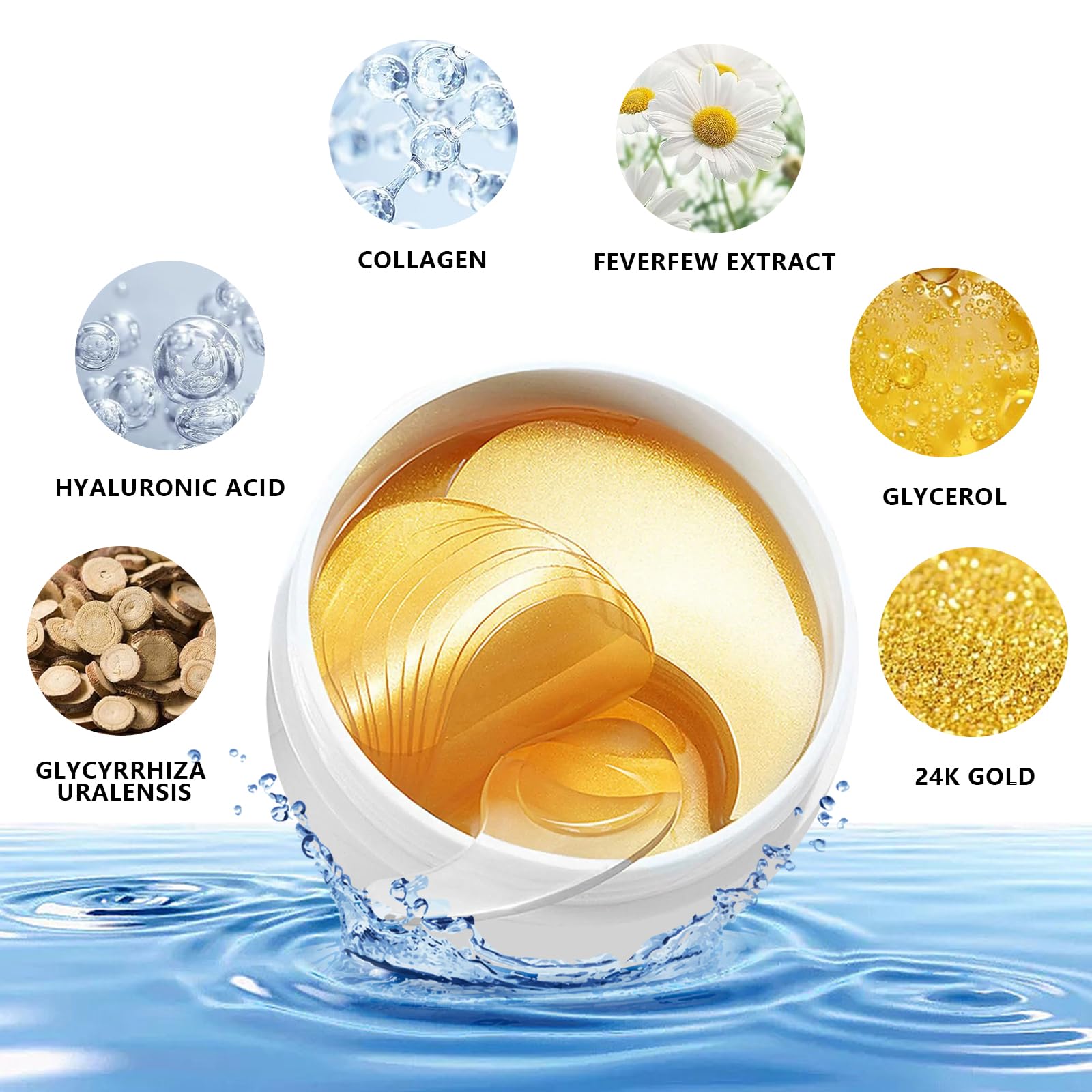 60 Patch Gold Masque Pour Les Yeux, Patch Anti Cernes Yeux, Contre les poches, cernes et rides, Hydratant, aide à soulager la fatigue, Soin éclaircissant du contour des yeux pour Femmes et Hommes