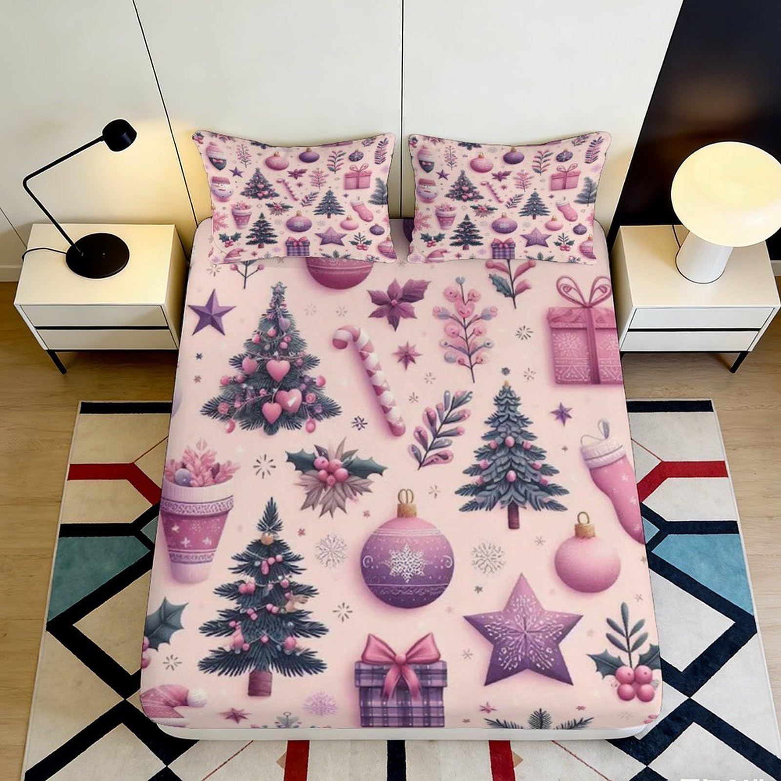 Pnayamiorkfel Style-3 3D Printed Pink Christmas Tree Fitted Sheet Microfiber Soft Star Ornament Bed Cover For Bedroom Guest Room Decor 90X200x25cm