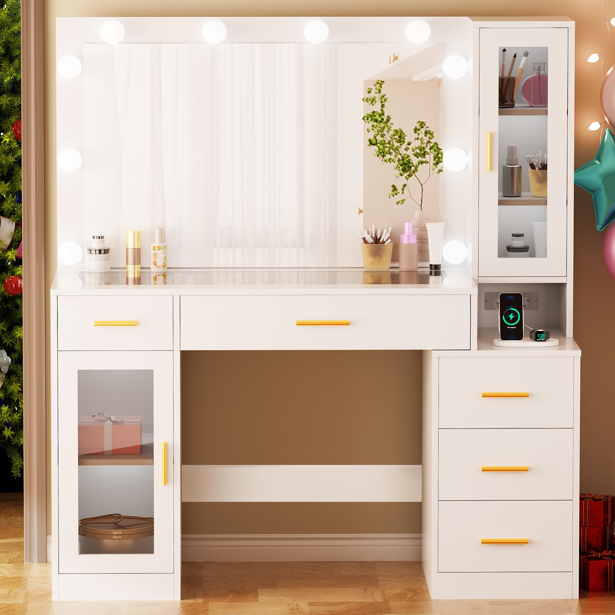 BEWISHOME Grande Coiffeuse avec Miroir et Lumières,Luminosité Réglable,Coiffeuse avec Plateau en Verre,Table de Maquillage avec Prise de Courant,Tiroirs,pour Chambre Blanc EFST34W