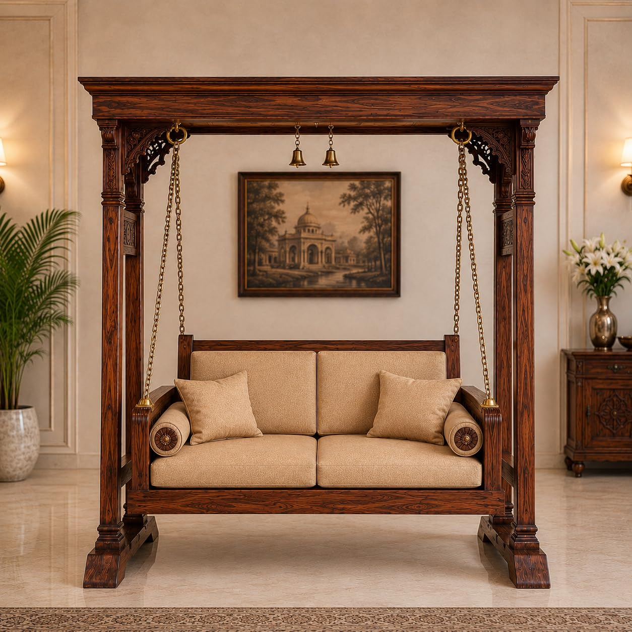 Ambar Sheesham Wood Temple Style Swing with Stand | Solid Wood Indoor Jhula with Carved Frame, Brass Finish Chains & Cushioned Seat | Premium Freestanding Swing for Living Room (Honey Finish)-image-15