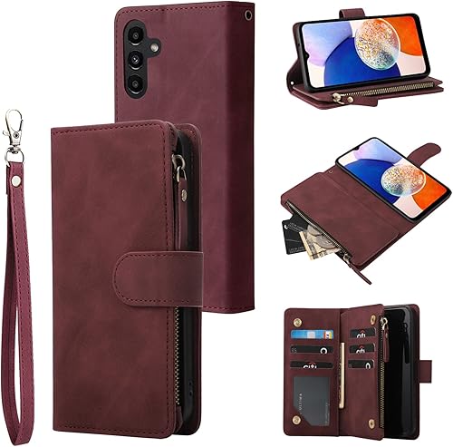 RANYOK Compatible con Galaxy A14 5G funda tipo cartera de piel sintética de alta calidad bloqueo RFID con ranura para tarjetas correa de muñeca