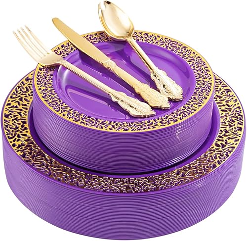 U-QE 150 platos de plástico dorado morado con cubiertos dorados, platos de plástico dorados para fiestas y bodas, incluyen 30 platos llanos de 10.25