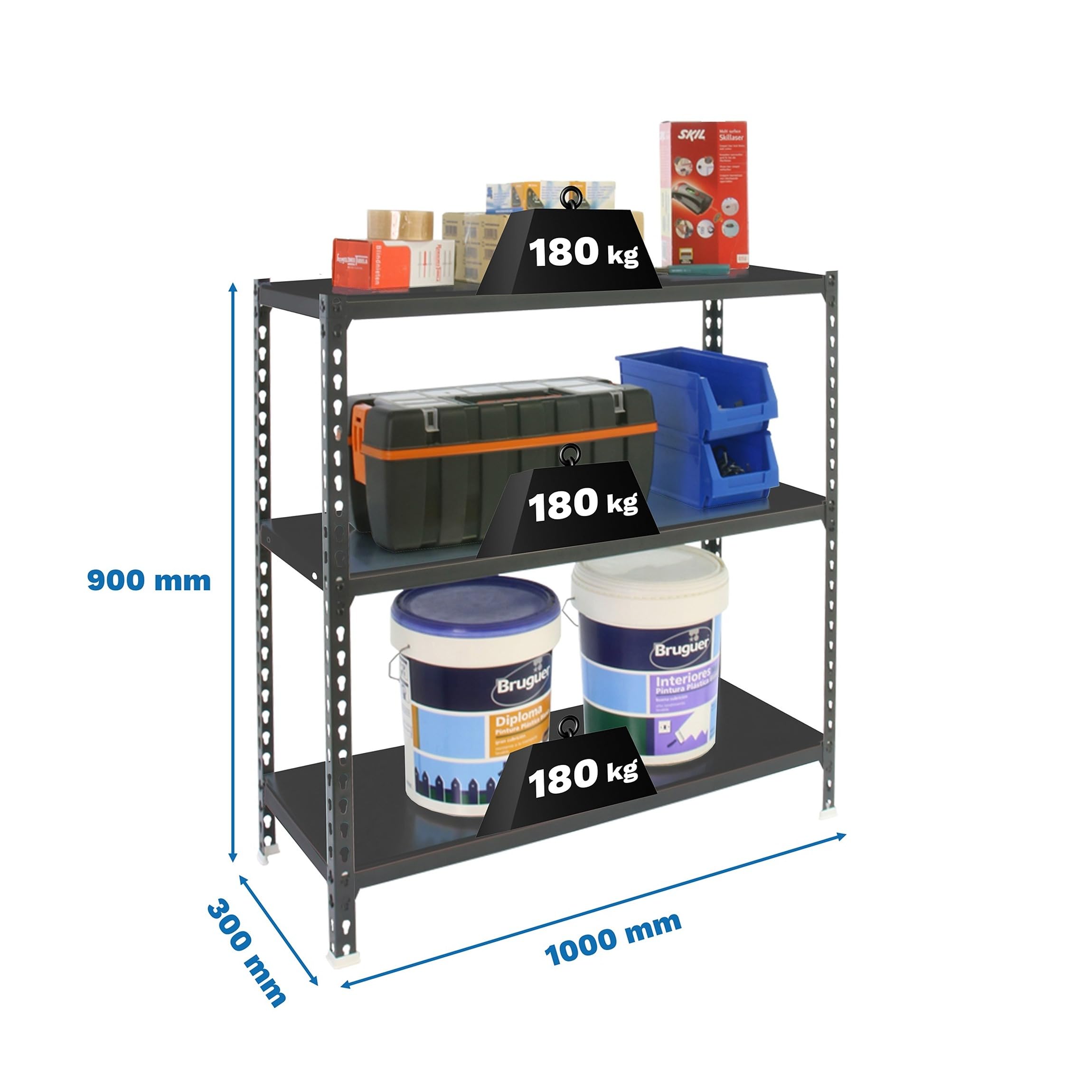 Simon Rack Estantería Metálica 900x1000x300 mm - Simonclick | 3 Alturas, Bandeja Metal, 180 kg de Punto Flexión, Antracita, Pintura anticorrosión, Montaje sistema clic