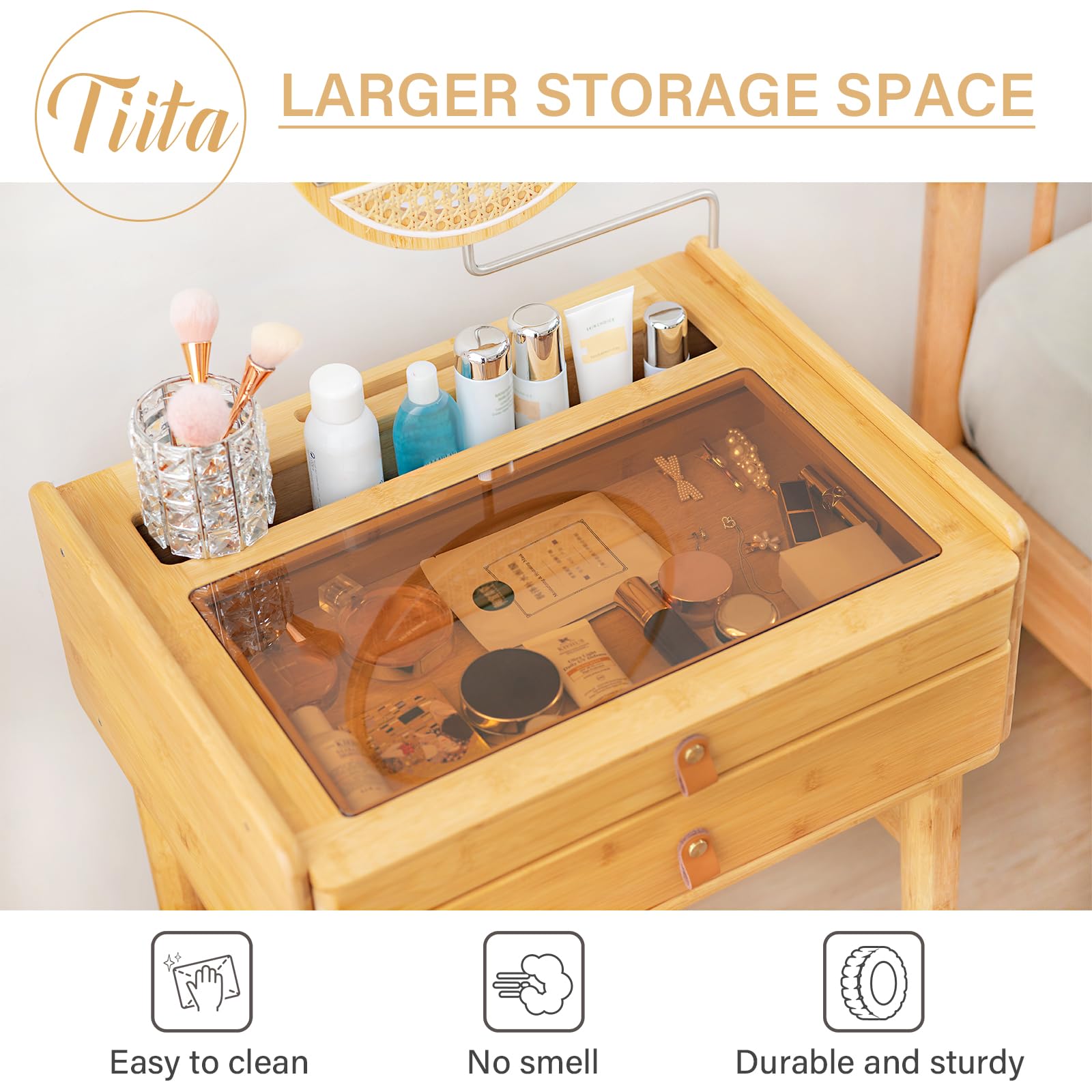 Escritorio de tocador, mesa de tocador de maquillaje con espejo, tocador con 2 cajones, moderna madera para dormitorio, tocador vintage para mujeres y niñas 3