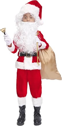 OVOV 11 Pcs Kids Santa Costume Deluxe Kids Santa Suit Toddler Santa Claus Costume for Halloween Cosplay
