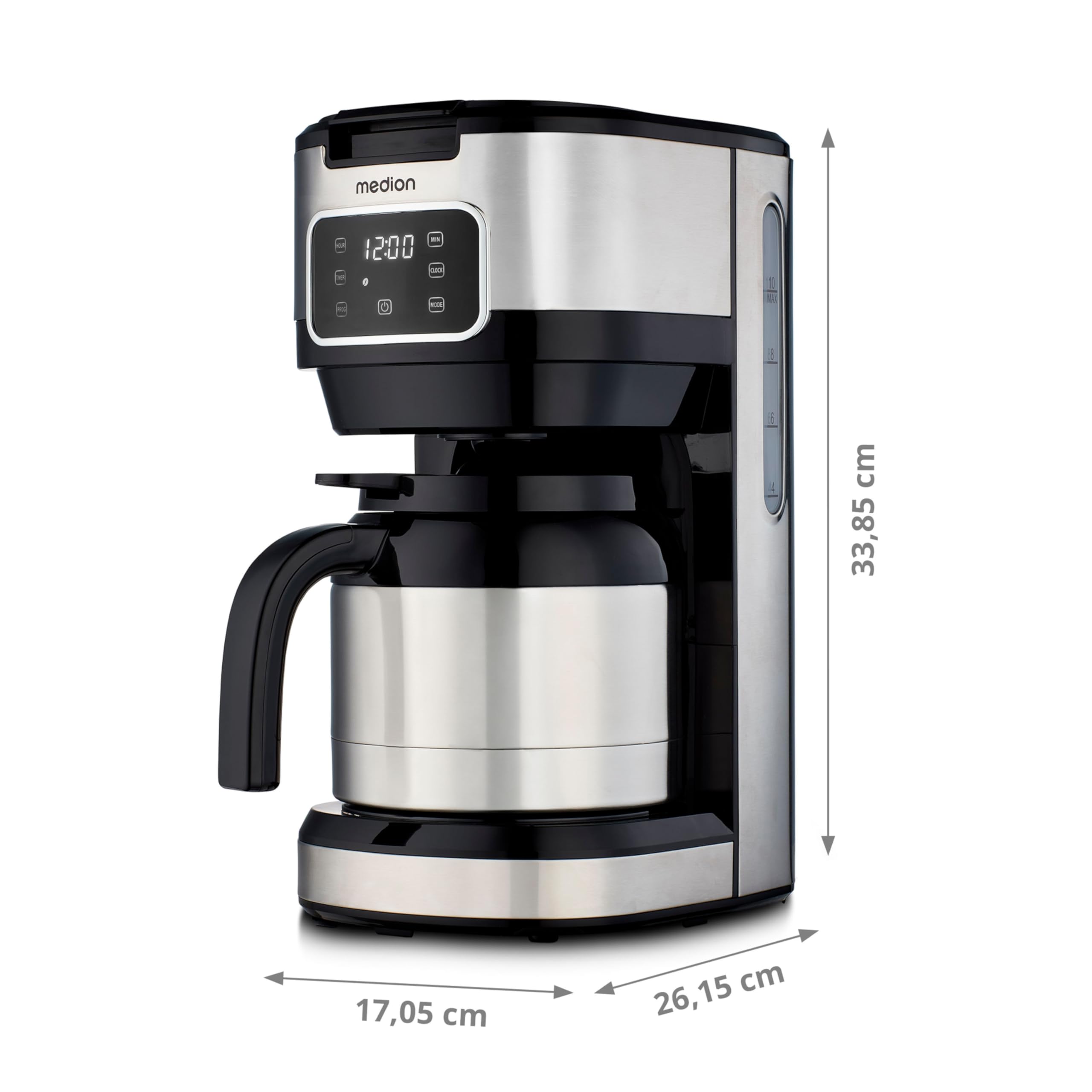 MEDION Kaffeemaschine mit Thermoskanne und Timer (Filtermaschine, 10 Tassen, 1,25 Liter, 900 Watt, Timer Zeitschaltuhr, Antitropf, Display, MD11019) edelstahl