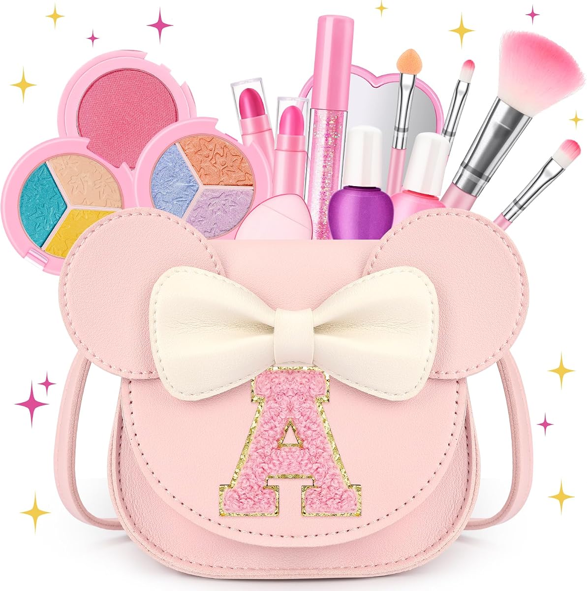 Kids Makeup Kit for Girls, 15 Pcs Real Washable Make Up Set & Purse, Pink A | Non Toxic Toddlers Cosmetic with Letter Purse - Dress Up Princess Toys Birthday Gifts for 3 4 5 6 7 8 Years Old Girls