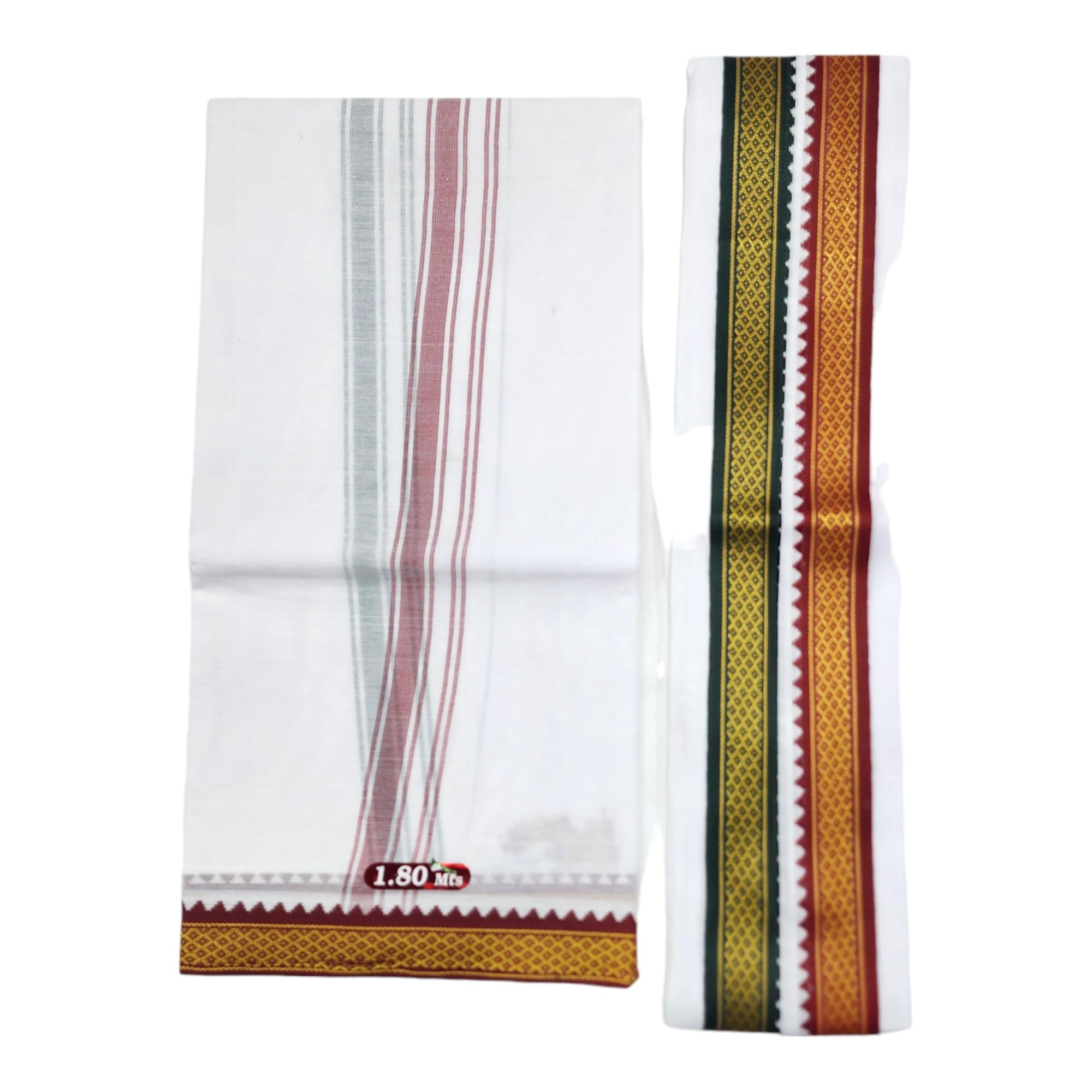 ambika stores & readymades AMBIKA STORES & READYMADESAMBIKA STORES Dhoties Men's Traditional Poly Cotton Mayilkann Ganga Jamuna Bleached White Dhoti Size 1.80Mtrs & 4 Mulam / 2Mtrs With Separate Angavastram-picture-25