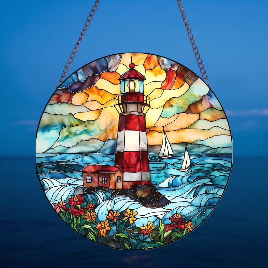 Stained Glass Lighthouse Suncatchers, Round Hanging Window Panel, Wall Art Decor for Windows, Gifts for Women, Grandma, Housewarming | Vibrant Colors, Indoor/Outdoor Décor
