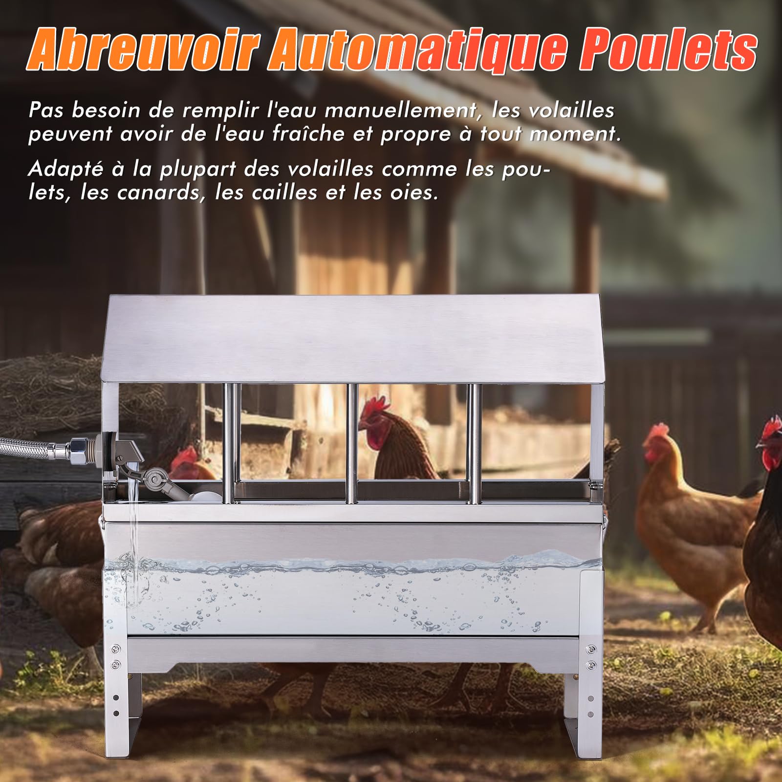 Abreuvoir Automatique pour Poulets en Acier Inoxydable,Distributeur d'eau pour volailles avec Valve à Flotteur et Pieds de Support,Mangeoire à Eau pour Pigeons, Canards et oies