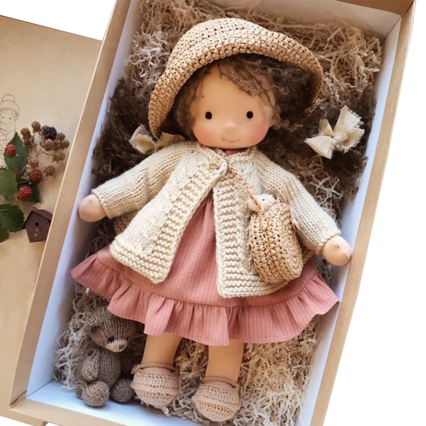 NIDONE Muñeca de Trapo con Caja, muñecas de bebé Ragdoll, Lindo Juguete de Peluche con Sombrero, Bolsa, Zapatos y más decoración para bebés y niños pequeños, 11x2x5 Pulgadas