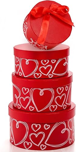 Miniatura 4 de Goaste Paquete de 4 cajas de regalo redondas con tapas, cajas de regalo anidables rojas, cajas de flores apilables con cinta para arreglos, bodas,