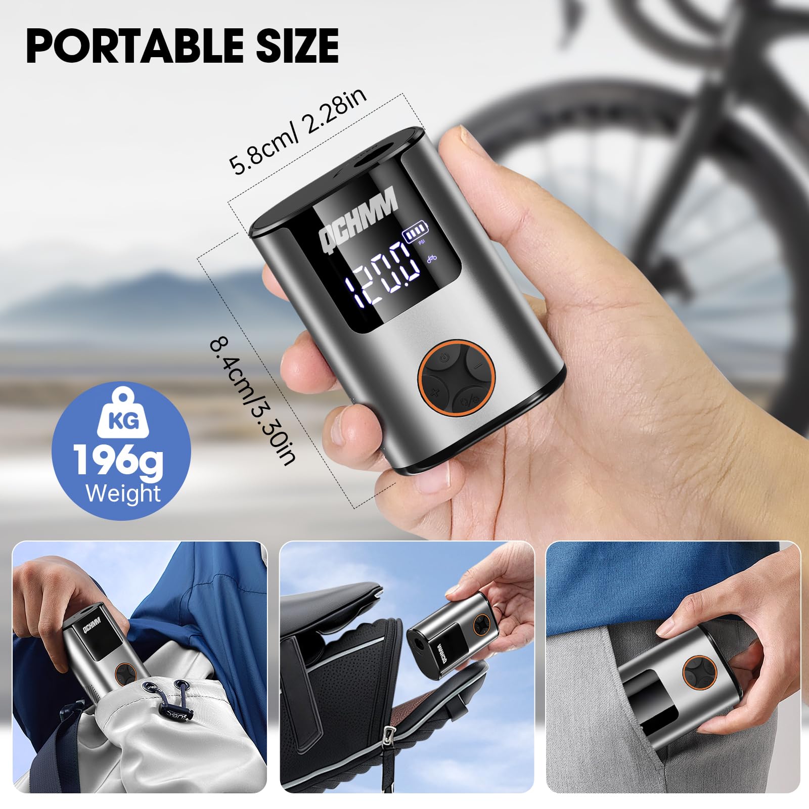 Fahrradpumpe Elektrisch, Mini Elektrische Luftpumpe Fahrrad,fahrradpumpe mit Manometer für Schrader- und Presta Ventil, 120PSI Akku Luftpumpe, PSI/BAR Units, Auto-Off und LED-Licht