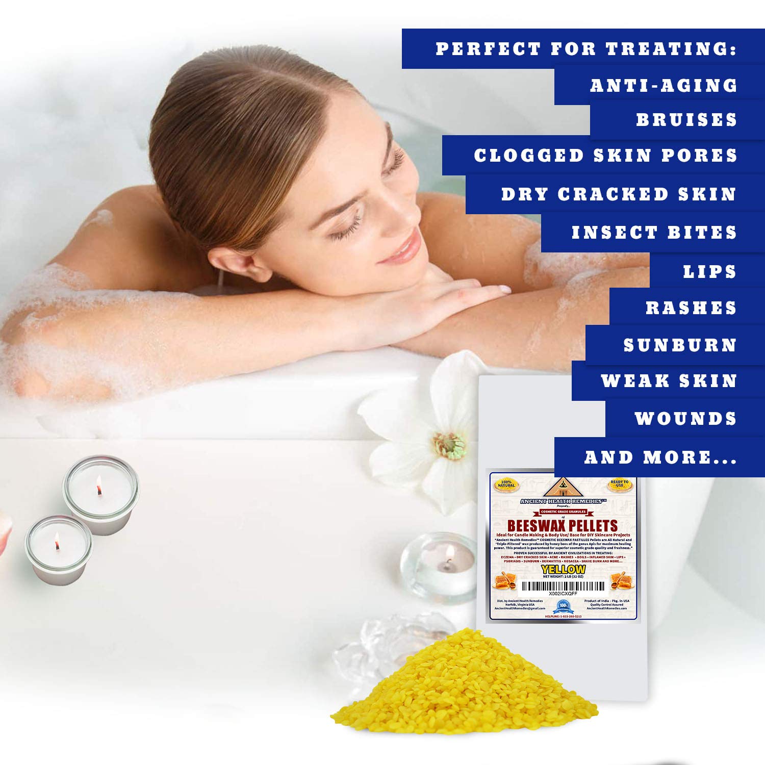 All Natural Cosmetic Grade YELLOW BEESWAX PELLETS PASTILLES Triple Filtered Ideal for DIY Skincare, Candle Making & Lip Balms by Ancient Health Remedies (2 LB)
