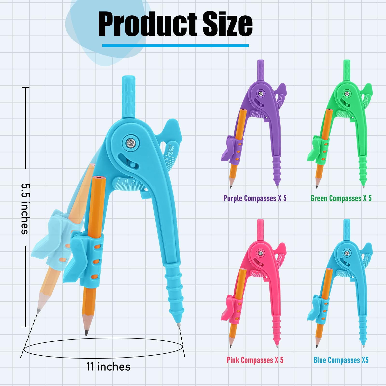 20 brújulas, herramienta geométrica, multicolor, brújula de dibujo para geometría, brújula de geometría de plástico con lápiz para estudiantes, aula, escuela, oficina, dibujo artístico (4 colores, 20