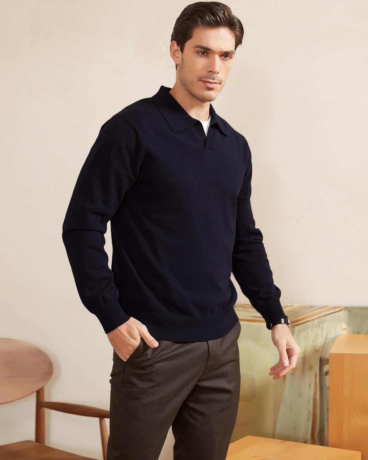 Kallspin Men's Knit Polo Sweater Regular Fit V Neck Cotton Long Sleeve Soft Classic Sweater Pullover - Image 6