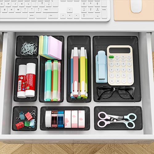 Miniatura 5 de Juego de organizador de cajones de 12 piezas, 4 tamaños, organizador de tocador de plástico versátil para maquillaje, papelería, artilugios, en Negro