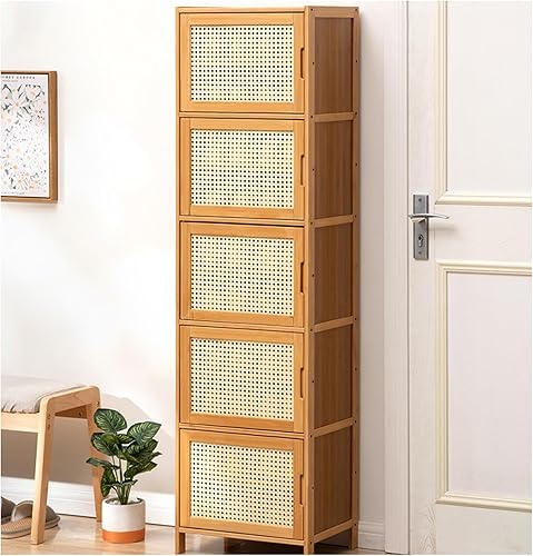 Armario de almacenamiento de zapatos de ratán para entrada, armario estrecho para zapatos, zapatero independiente con puertas, zapatero cerrado de