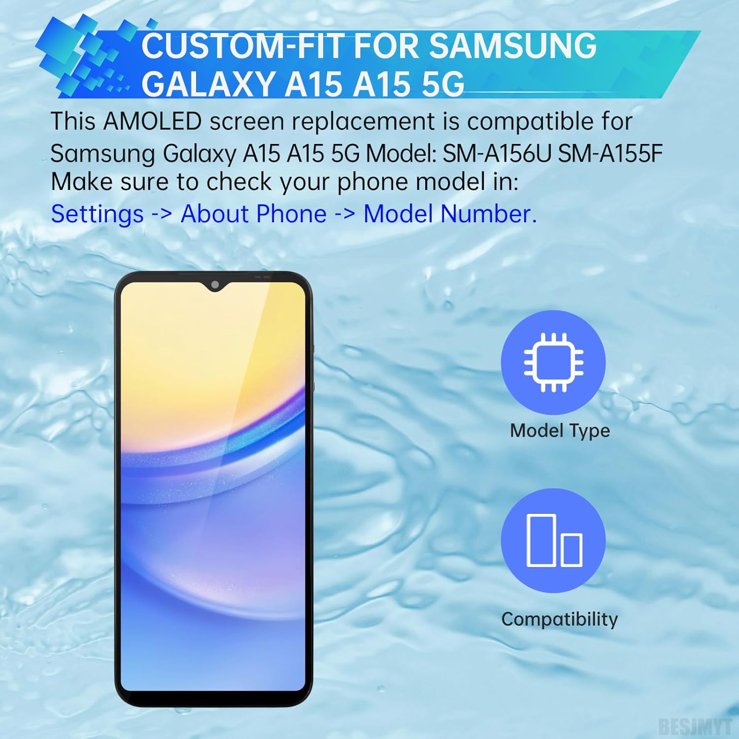 for Samsung Galaxy A15 5G AMOLED Screen Replacement with Frame AMOLED Display Touch Digitizer Full Assembly Fix Glass with Repair Tools Kit SM-A156U SM-A156U1 SM-A156U1/DS