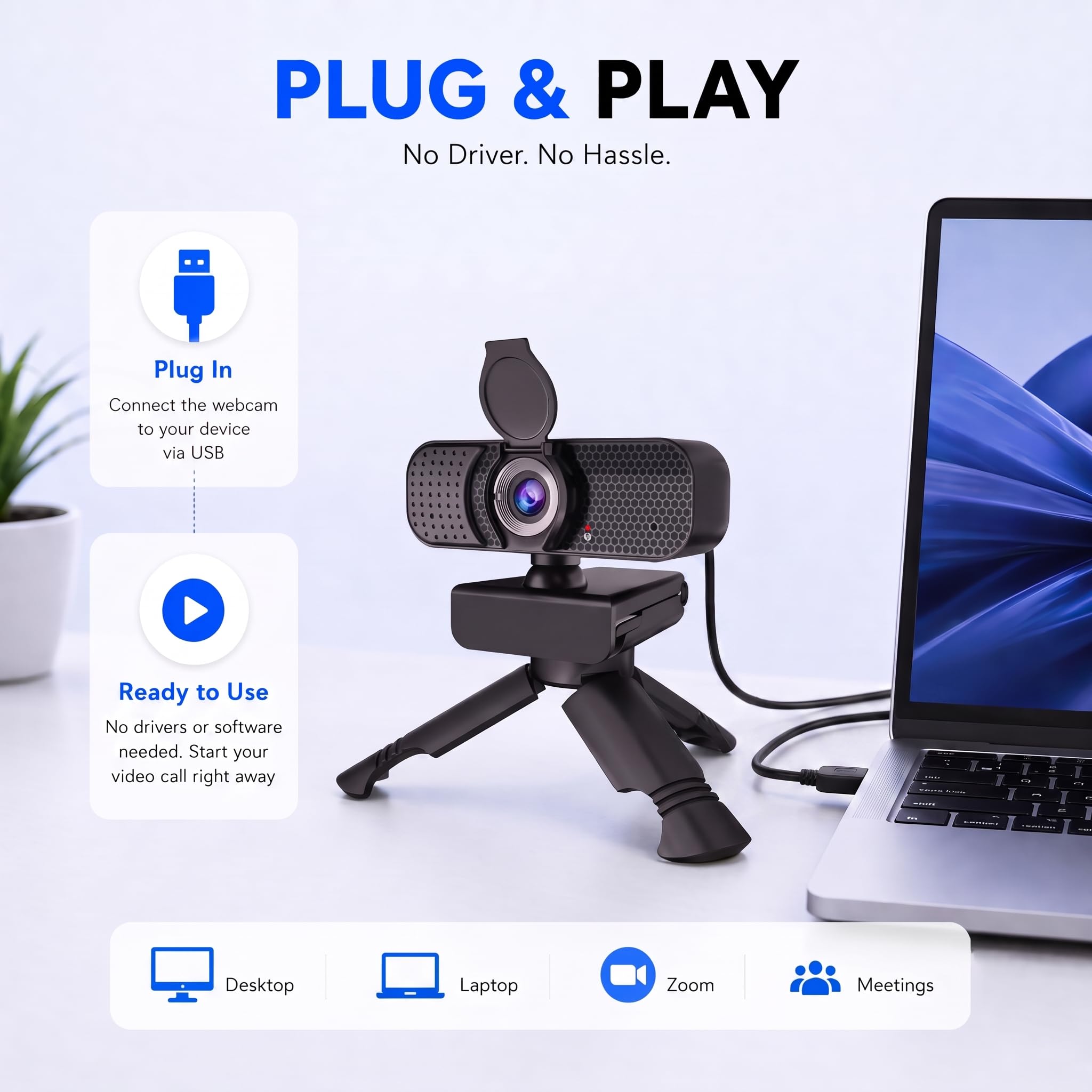 Webcam USB 1080P con doppio microfono e copertura per la privacy, autofocus plug-and-play, grandangolo, luce bassa, clip regolabile e treppiede da 1/4", per Zoom/Teams/Google Meet/OBS su